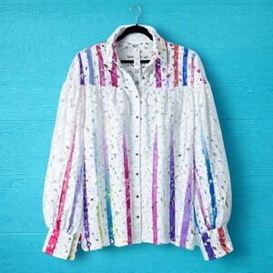 White Floral Eyelet Lace Striped Top Balloon Sleeves Button Front NWT SZ MEDIUM